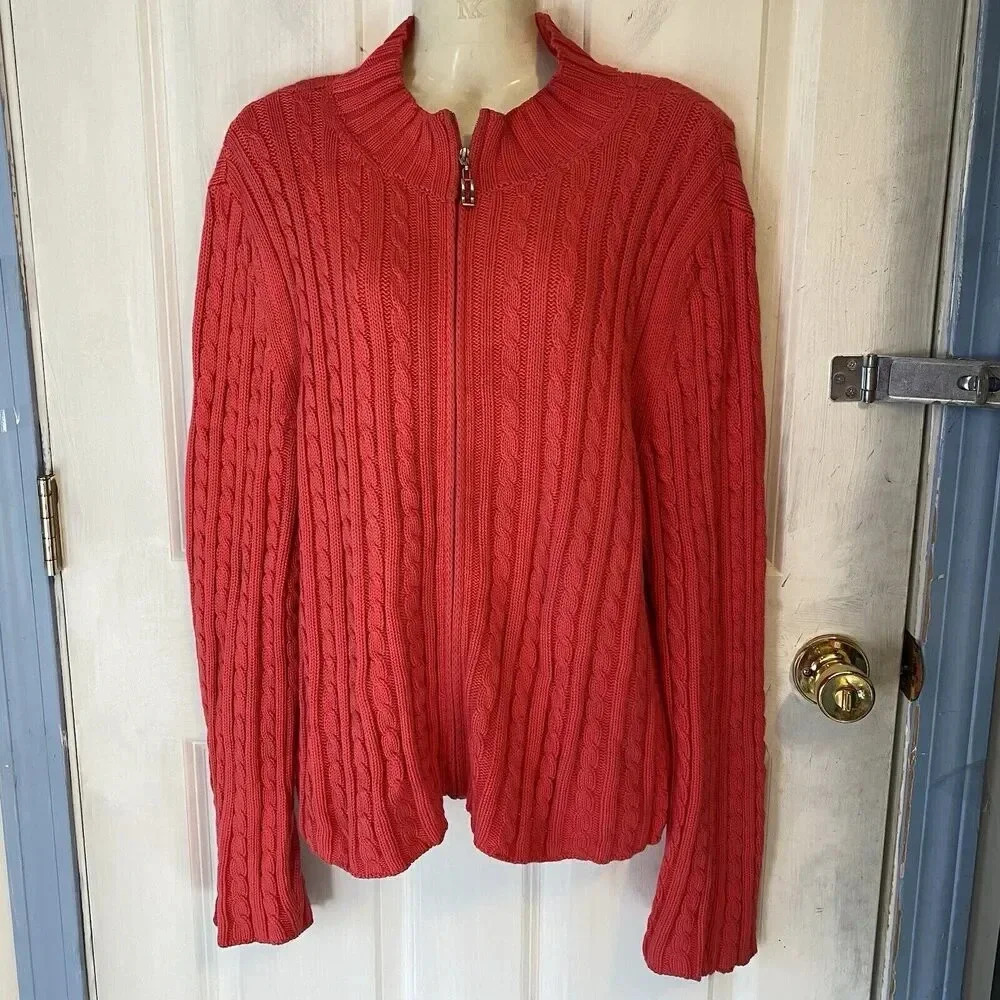Splendor! Cardigan Sweater Lady XL/TG Cable/Fisherman Knit Full Zip Coral Pink